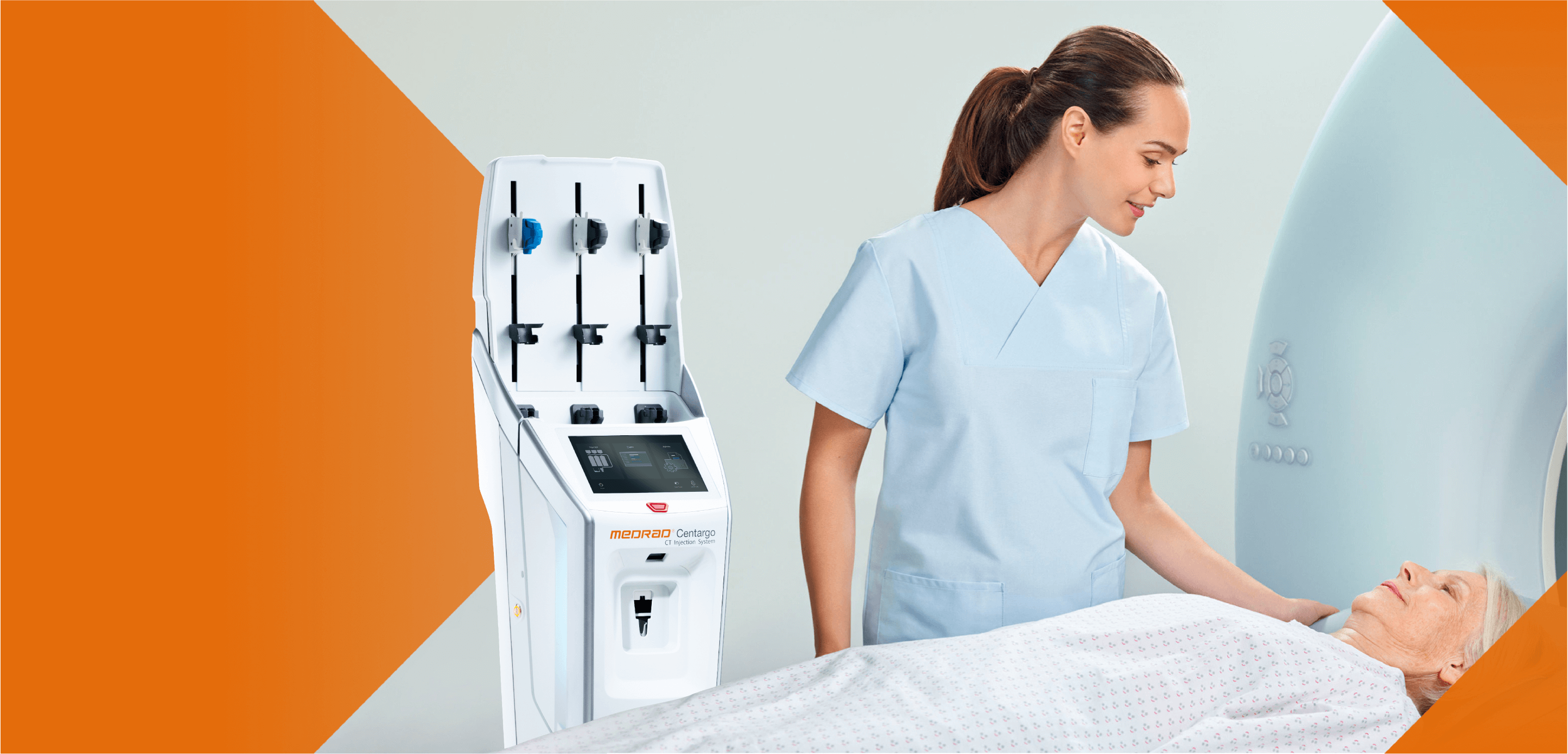 Healthcare worker prepares patient for CT scan